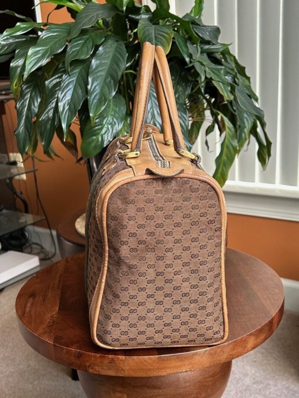 GUCCI Monogram Vintage Web Boston Bag Brown Tan Rare - Picture 4 of 15